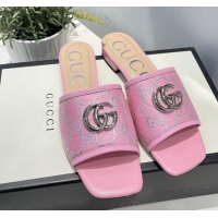 Popular Gucci GG Silver Lamé Canvas Slide Sandals 012638 Pink 2021