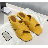 Top Design Gucci Silver Lamé Canvas Cross Slide Sandals 012643 Yellow