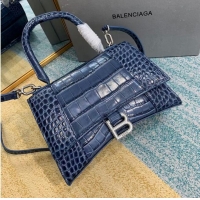 Good Quality Balenciaga HOURGLASS SMALL TOP HANDLE BAG crocodile embossed calfskin B108895E blue