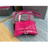 Top Grade Balenciaga HOURGLASS SMALL TOP HANDLE BAG crocodile embossed calfskin B108895E neon pink