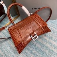 Top Quality Balenciaga HOURGLASS SMALL TOP HANDLE BAG crocodile embossed calfskin B108895E brown