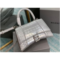 Pretty Style Balenciaga HOURGLASS SMALL TOP HANDLE BAG crocodile embossed calfskin B108895E silver