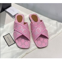 Most Popular Gucci Silver Lamé Canvas Cross Slide Sandals 012643 Pink