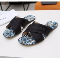 Top Quality Dior Cross Strap Flat Slide Sandal in Cotton Embroidery CD3001 Black 02 2021