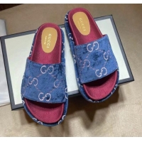 Cheap Price Gucci Velvet GG Platform Slide Sandal 573018 Blue 2021