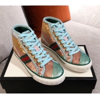 Popular Style Gucci Tennis 1977 Sequins High-Top Sneakers 012739 Green