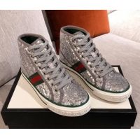 Shop Duplicate Gucci Tennis 1977 Sequins High-Top Sneakers 012739 Silver