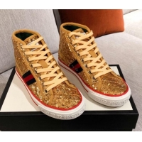 Classic Hot Gucci Tennis 1977 Sequins High-Top Sneakers 012739 Gold