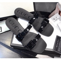 Super Quality Gucci PVC Chain Flat Slide Sandals 022586 All Black