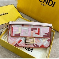 Good Product Fendi Baguette Medium Bag in FF Embroidered Canvas FD0301 Pink/Red 2021