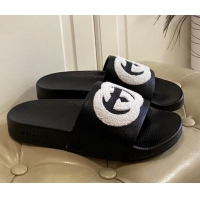 Super Quality Gucci Wool GG Flat Slide Sandals in Grained Calfskin 031105 Black