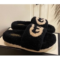 Top Quality Gucci Shearling Wool GG Flat Slide Sandals 031105 Black