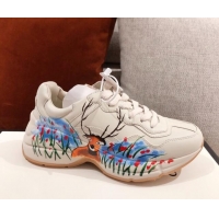 Best Price Gucci Rhyton Sneakers in Deer Print Leather 031152 White 2021