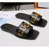 Reasonable Price Gucci Gold Signature Calfskin Slide Sandals 032933 Black 2021