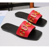 Affordable Price Gucci Gold Signature Calfskin Slide Sandals 032933 Red 2021