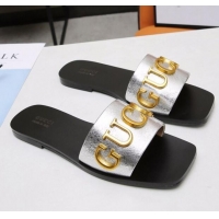 New Design Gucci Gold Signature Calfskin Slide Sandals 032933 Silver 2021