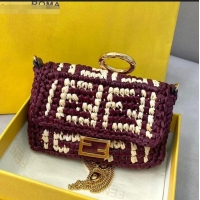 Famous Brand Fendi Woven Raffia Nano Baguette Charm FD2009 Burgundy 2020