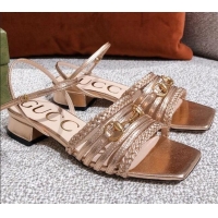 Good Product Gucci Leather Strap Sandal with Horsebit 645405 Gold 2021