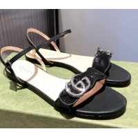 New Style Gucci Sequin GG Strap Flat Sandals 040937 Black/Silver