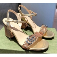 Top Quality Gucci Sequin GG Strap Mid-heel Sandals 040941 Gold/Silver 2021