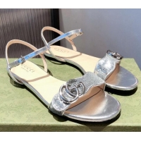 Cheap Design Gucci Sequin GG Strap Flat Sandals Bright 040945 Silver 2021