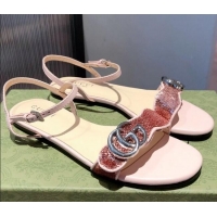 Best Design Gucci Sequin GG Strap Flat Sandals 040948 Pink/Silver 2021