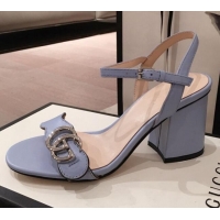 Grade Design Gucci Leather GG Strap Mid-heel Sandals 040952 Light Blue