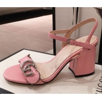 Super Quality Gucci Leather GG Strap Mid-heel Sandals 040952 Pink