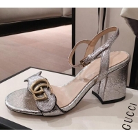 Good Quality Gucci Leather GG Strap Mid-heel Sandals 040957 Silver