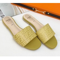 Popular Fendi FF Leather Flat Slide Sandals 0330116 Yellow 2021