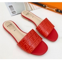 Hot Sale Fendi FF Leather Flat Slide Sandals 0330116 Red 2021