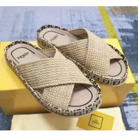 Popular Fendi Reflections Raffia Flat Slide Sandals Beige 2021