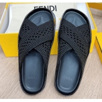 Good Product Fendi Reflections Stretch Lace Flat Slide Sandals 040892 Black 2021