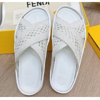 Low Cost Fendi Reflections Stretch Lace Flat Slide Sandals 040892 White 2021