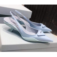 Luxury Hot Prada Shiny Leather Slingback Pumps 3cm 030601 Light Blue 2021