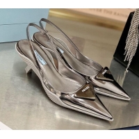 Best Luxury Prada Shiny Leather Slingback Pumps 3cm 030611 Silver 2021