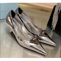 Best Price Prada Shiny Leather Slingback Pumps Heel 3cm 030613 Silver 2021