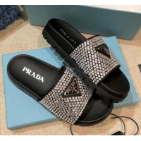 Top Grade Prada Crystal Flat Slide Sandals 032926 Black 2021