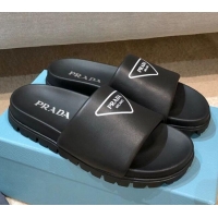 Luxury Cheap Prada Leather Flat Slide Sandals 032928 Black 2021