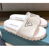 Luxury Prada Leather Flat Slide Sandals 032928 White 2021