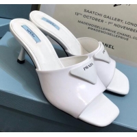 Top Grade Prada Shiny Leather Heel Slide Sandals 040731 White 2021