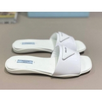 Good Product Prada Triangle Logo Flat Slide Sandals 040745 White 2021