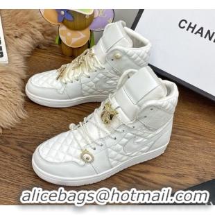 Good Quality Chanel x Nike Air Jordan Calfskin High-Top Sneakers with Pearl and Silk Laces 012562 White 2021