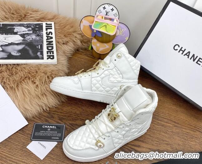 Good Quality Chanel x Nike Air Jordan Calfskin High-Top Sneakers with Pearl and Silk Laces 012562 White 2021