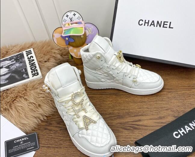 Good Quality Chanel x Nike Air Jordan Calfskin High-Top Sneakers with Pearl and Silk Laces 012562 White 2021