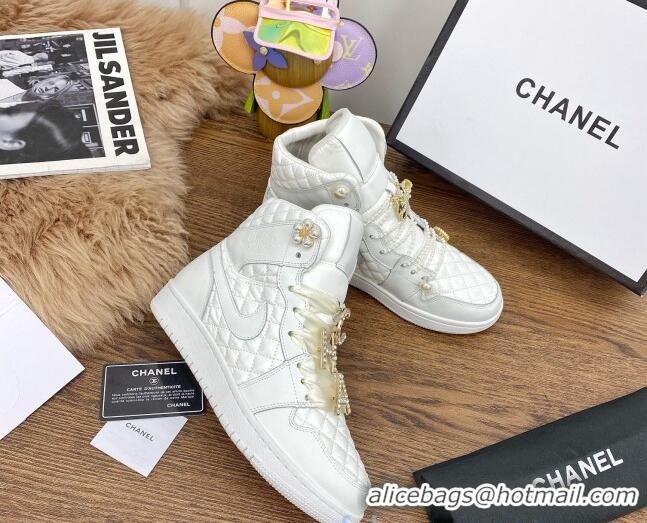 Good Quality Chanel x Nike Air Jordan Calfskin High-Top Sneakers with Pearl and Silk Laces 012562 White 2021