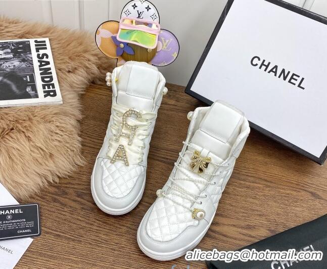 Good Quality Chanel x Nike Air Jordan Calfskin High-Top Sneakers with Pearl and Silk Laces 012562 White 2021