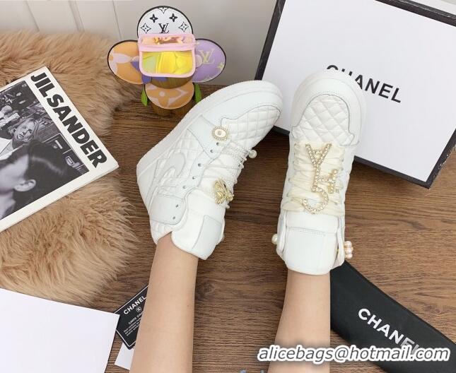 Good Quality Chanel x Nike Air Jordan Calfskin High-Top Sneakers with Pearl and Silk Laces 012562 White 2021