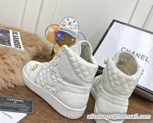 Good Quality Chanel x Nike Air Jordan Calfskin High-Top Sneakers with Pearl and Silk Laces 012562 White 2021