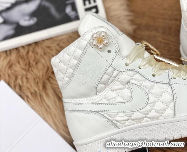 Good Quality Chanel x Nike Air Jordan Calfskin High-Top Sneakers with Pearl and Silk Laces 012562 White 2021